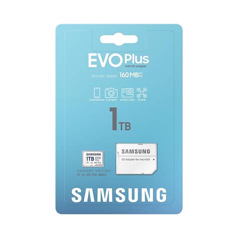 Samsung MB-MC1T0SA EVO Plus microSDXC 1TB Memory Card, Read : up to 160MB/s 
Write : Lower than Read Speed* Read/Write speed with UHS-1 interface, 
Speed Class (U3, V30, A2), Mobile phone, Smartphone, Tablet, etc